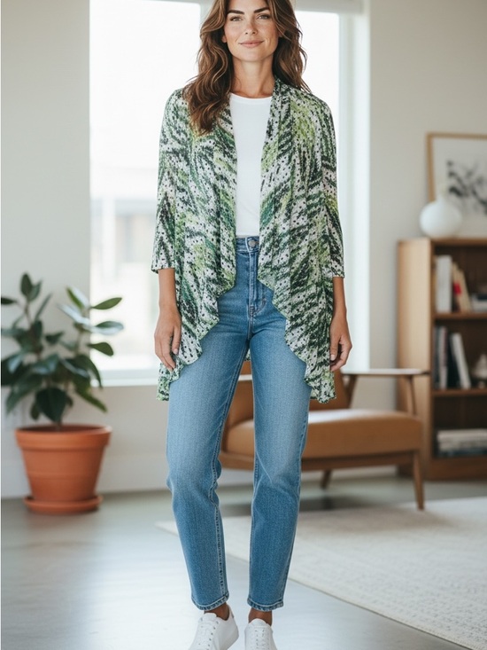 Ruby Rd. Sweaters - Ruby Rd Woman 1X Green Abstract Print Open Front Cardigan Lightweight